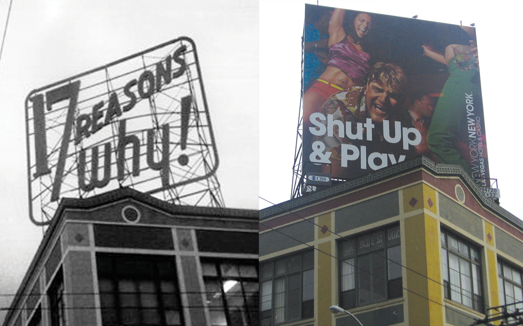 Two images of a building with different rooftop signs: a neon sign with "17 reasons why" and a new billboard with "Shut up and play" with a photo of revelers partying.